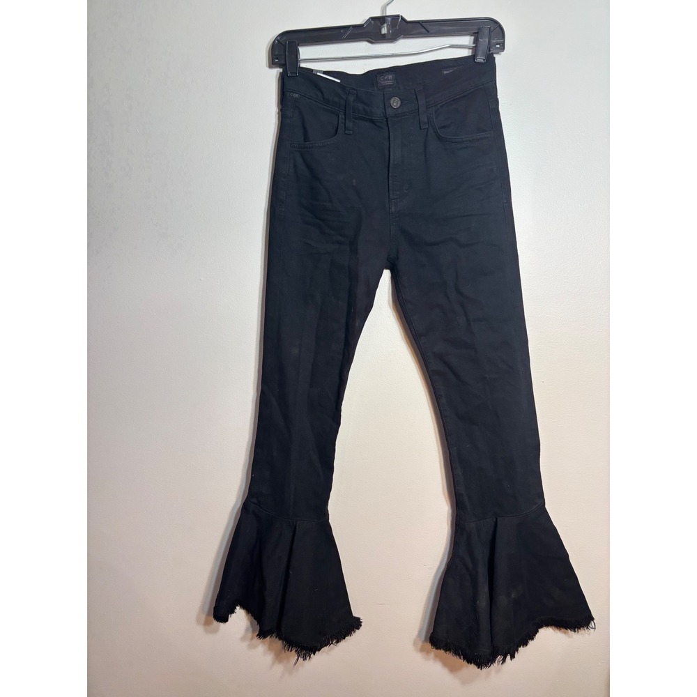 Citizens of Humanity Drew Flounce High Rise Flare Jeans Black Raw Hem 24